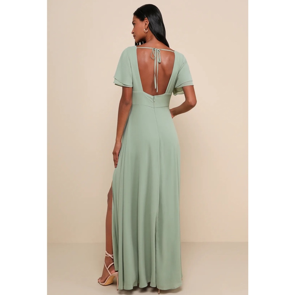 Lulus Promise of Love Sage Brush Green Line Skirt Chiffon Maxi Dress XL - Picture 2 of 16
